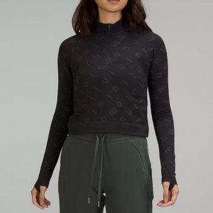 Lululemon Rest Less Cropped Half-Zip Logo Letter Black/Graphite Sweater Size 10